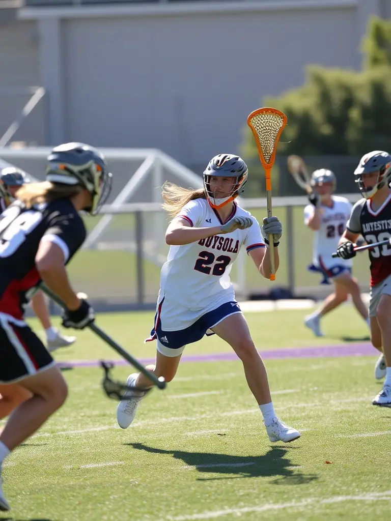 A photo of adult lacrosse players participating in a competitive match, demonstrating the intensity and excitement of the sport.