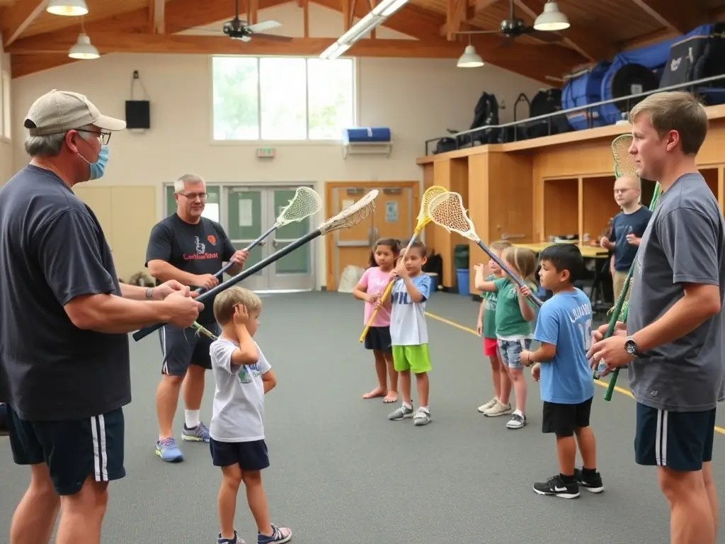 A photograph of BOURGES LACROSSE members participating in a local outreach program, teaching lacrosse to children in a community center.