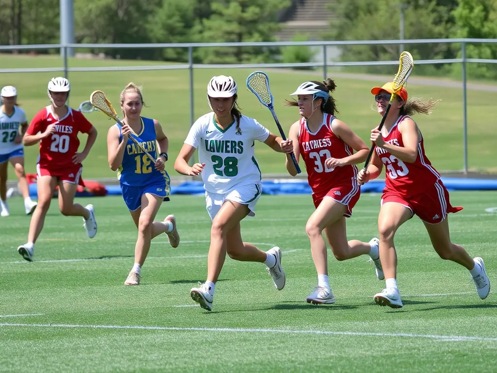 A dynamic image of adult lacrosse players participating in a competitive match, demonstrating the intensity and camaraderie of the sport within the BOURGES LACROSSE community.
