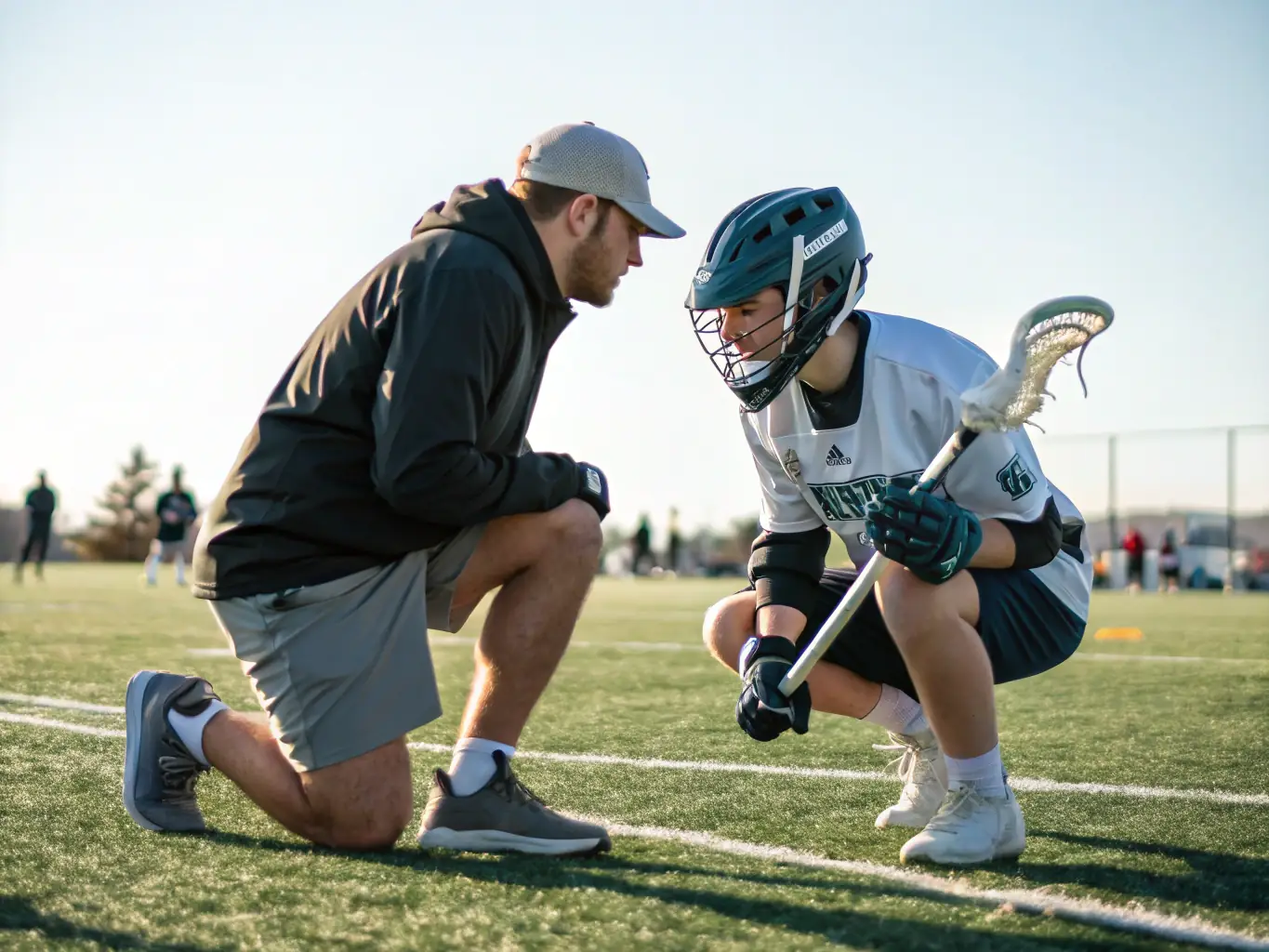 A focused image of a lacrosse coach providing personalized instruction to a player, highlighting the dedication to individual skill enhancement and player development at BOURGES LACROSSE.