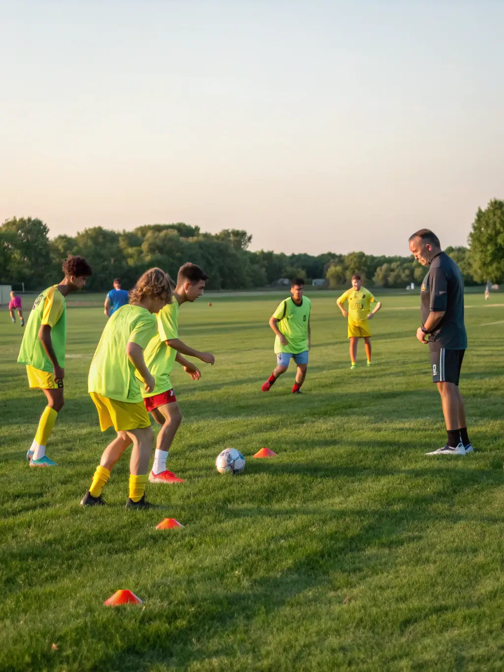 A group of young lacrosse players in Bourges, France, are practicing passing drills on a sunny field, showcasing the physical activity and teamwork involved in the sport.
